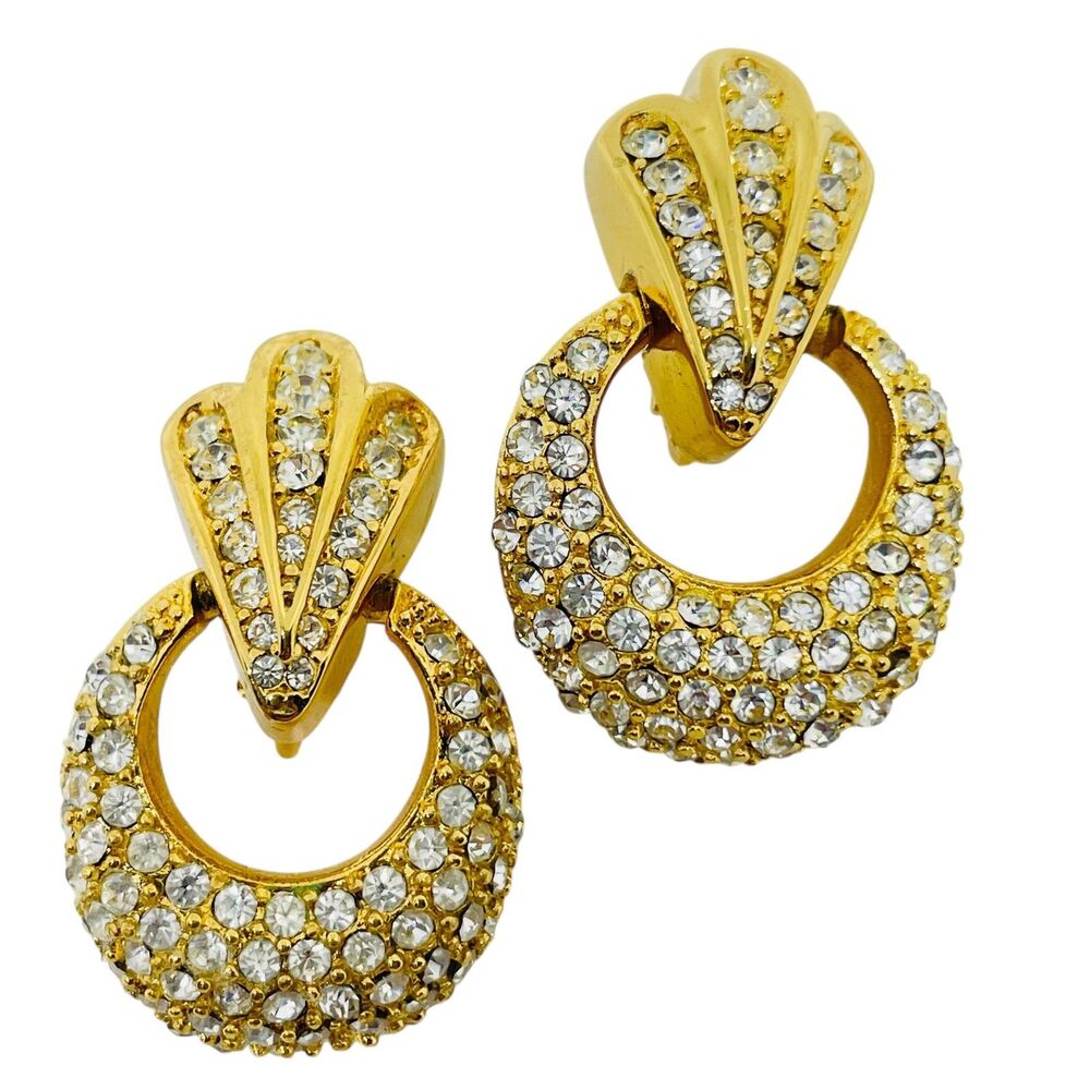 CHRISTIAN DIOR signed vintage crystal door knocker designer clip on earrings